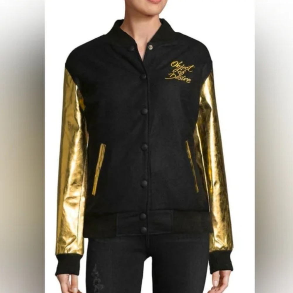 CHRLDR 'Object of Desire' Metallic Gold Sleeve Varsity Jacket Wool Coat. Size M